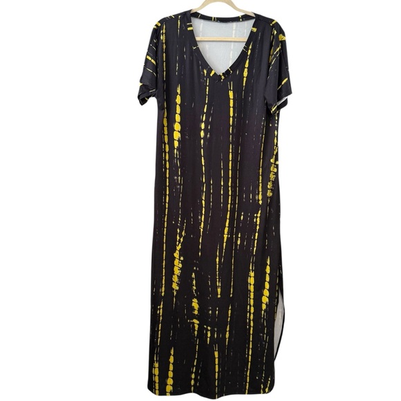 Arolina XL Black Yellow Tie Dye Print V-Neck Short Sleeve Maxi Dress Pockets - Picture 1 of 5